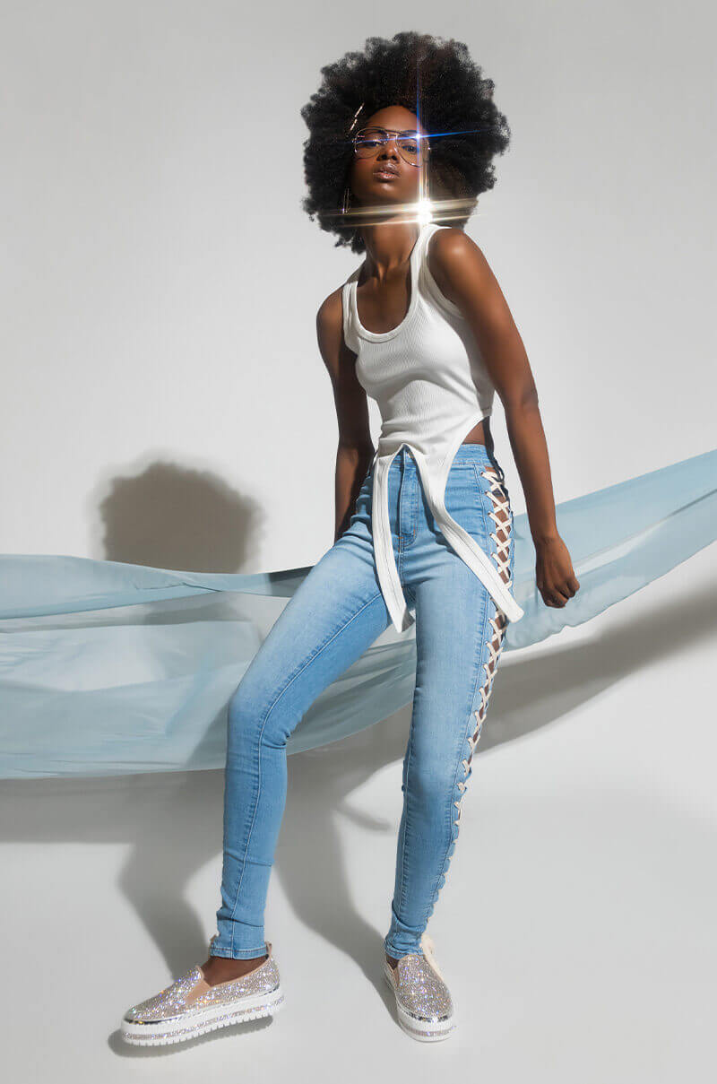 ROCK THE RUNWAY LACE UP SKINNY JEANS