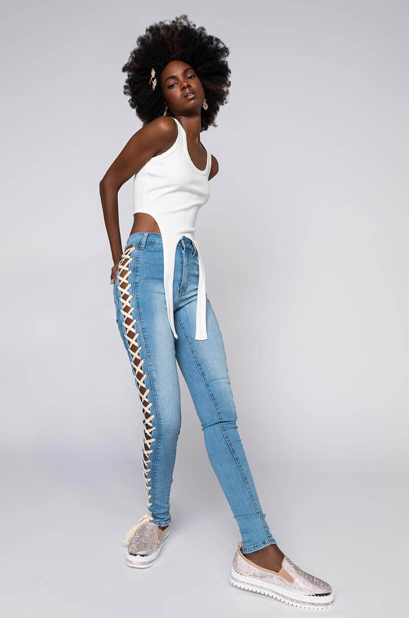 ROCK THE RUNWAY LACE UP SKINNY JEANS