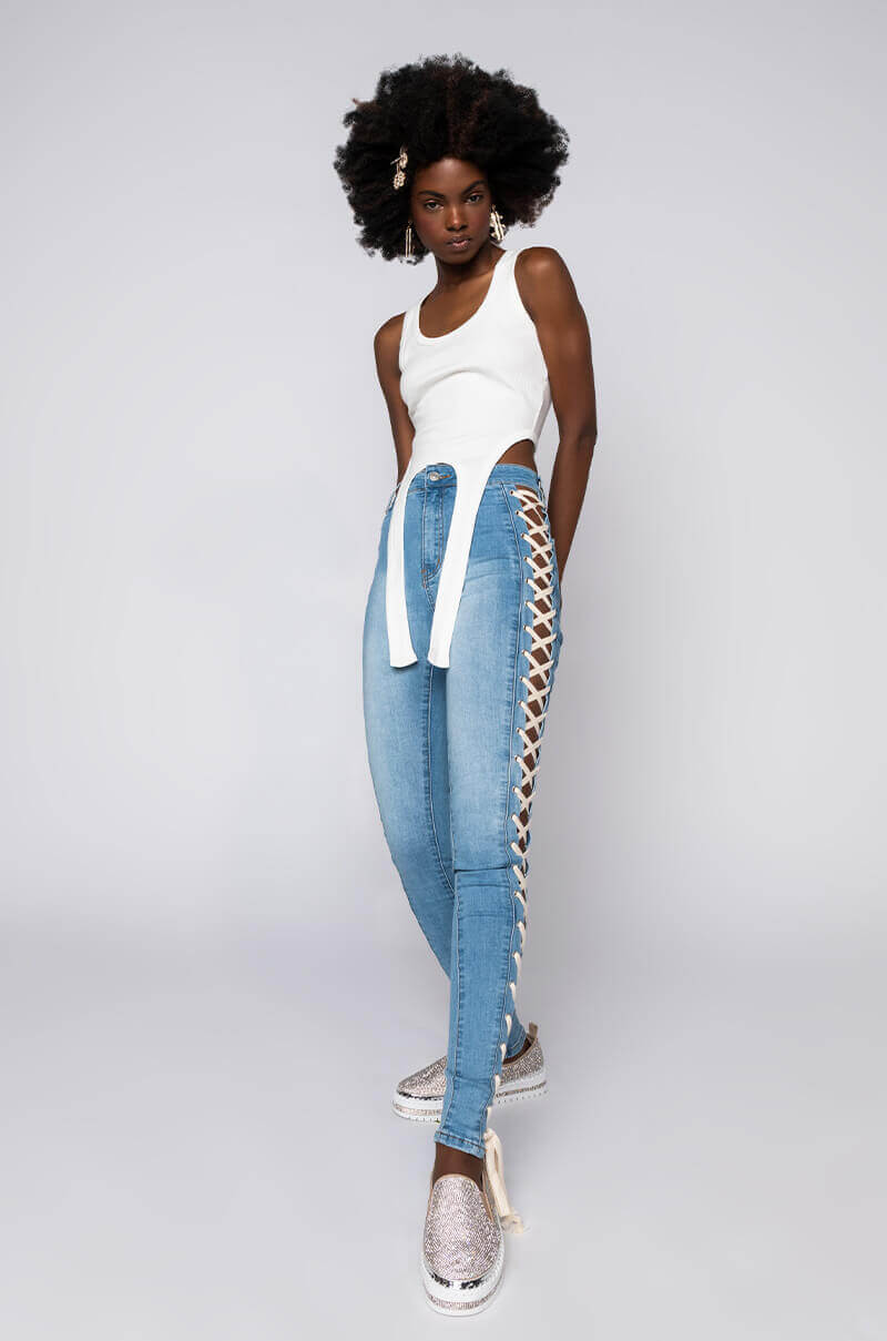ROCK THE RUNWAY LACE UP SKINNY JEANS