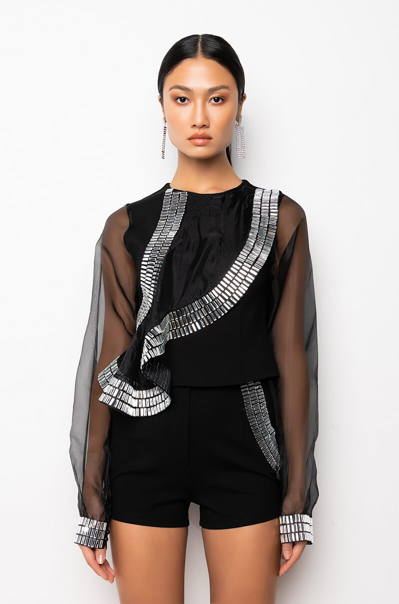 RUFFLE SOME FEATHERS ORGANZA RHINESTONE RUFFLE BLOUSE