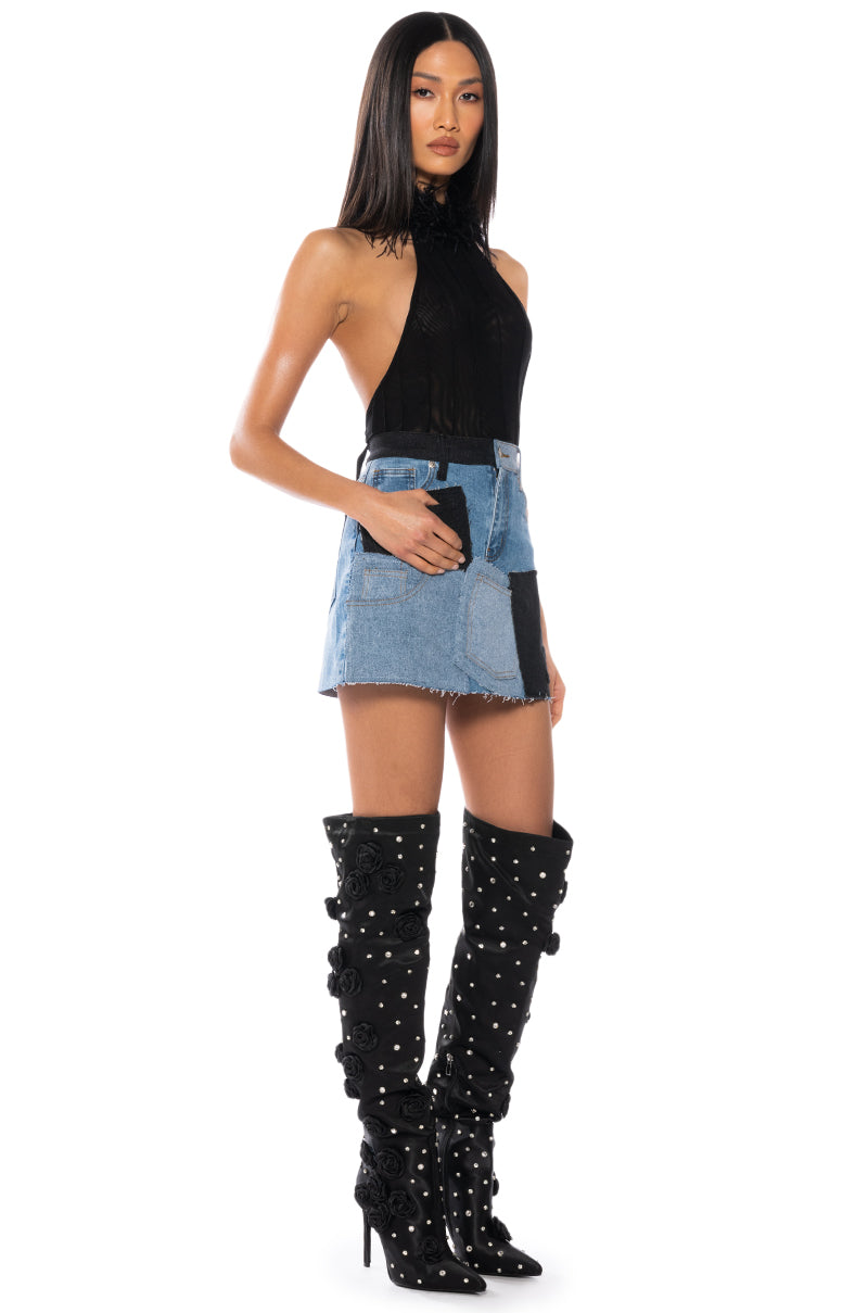 PATCHWORK DENIM MINI SKIRT