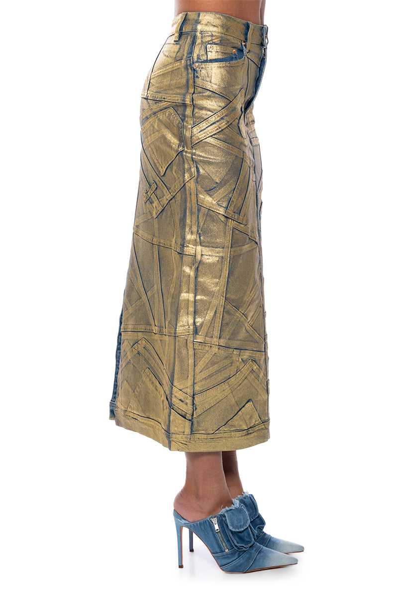 GIGI METALLIC PATCHWORK DENIM SKIRT